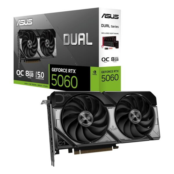 ASUS Dual GeForce RTX 5060 OC 8G GDDR7 Gaming grafische kaart - PCIe 5.0, 2565MHz Boost-klok, DLSS 4, HDMI 2.1b, DisplayPort 2.1b, 2.5-sleuf, Axial-tech ventilatorontwerp,...