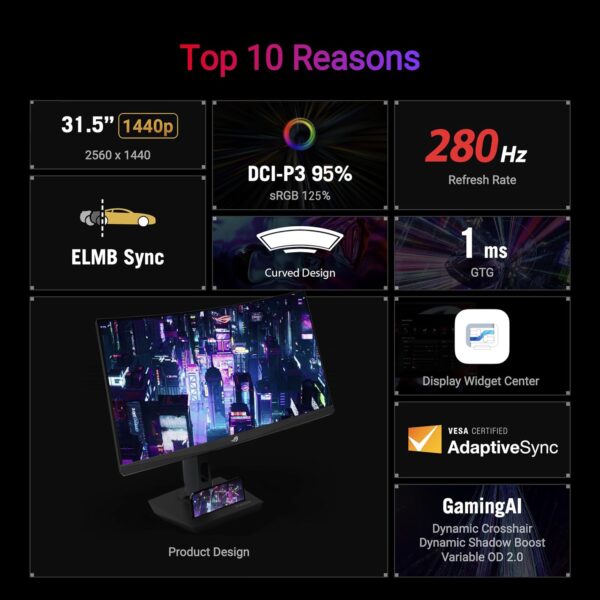 ASUS ROG Strix XG32WCMS USB Type-C Gaming Monitor – 32-inch (31.5 viewable) 2560x1440, Curved, 280Hz (Above 144Hz), 1ms (GTG), Fast VA, Extreme Low Motion Blur Sync, USB Type-C,...