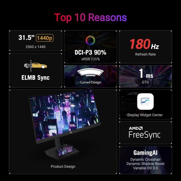 ASUS ROG Strix XG32WCS USB Type-C Gaming Monitor – 32-inch (31.5 viewable) 2560x1440, Curved, 180Hz (Above 144Hz), 1ms (GTG), Fast VA, Extreme Low Motion Blur Sync, USB Type-C,...