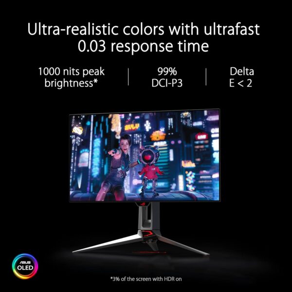 ASUS ROG Swift OLED PG27AQDM - 27 Zoll WQHD Gaming Monitor - 240 Hz, 0.03ms GtG, G-Sync, FreeSync, GameFast Input, HDR 10-10-bit OLED Panel, 16:9, 2560x1440