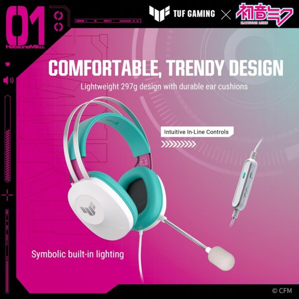 ASUS TUF Gaming H1 Gen II Hatsune Miku Edition (Bedrade USB-A50mm, 40 mm Essence Drivers, Virtual 7.1 Surround Sound, TeamSpeak-gecertificeerde microfoon, lichtgewicht 297 g,...