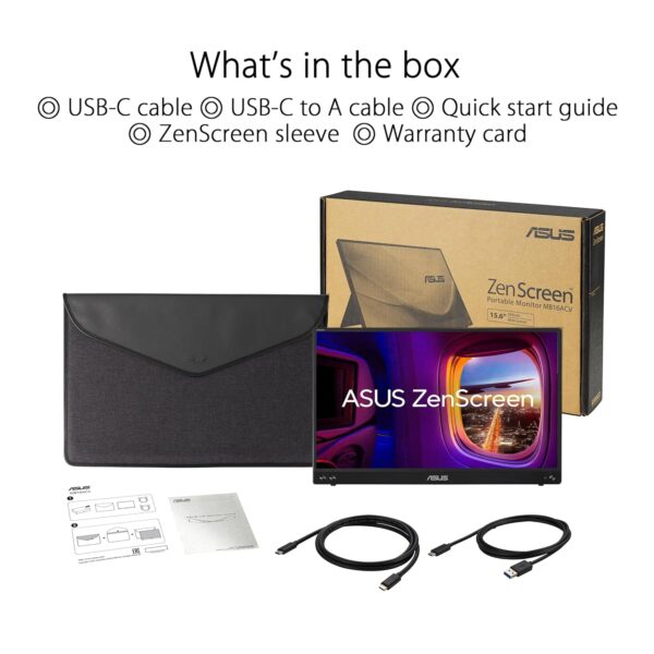 ASUS Zenscreen MB16ACV – laptopscherm 15,6 inch FHD – gaming of gaming – stroomvoorziening en weergave via USB-C of USB-A – IPS-plaat – 1920 x 1080 – 250 cd/m² – Flicker Free