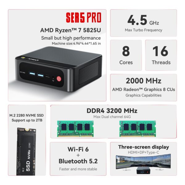 Beelink SER5 Pro Mini PC, AMD Ryzen 7 Pro 5825U 8-core 16-thread up to 4.5GHz, 16GB RAM, 500GB SSD, 4K display at 60Hz with support for up to 3 displays (HDMI/DP/Type-C)