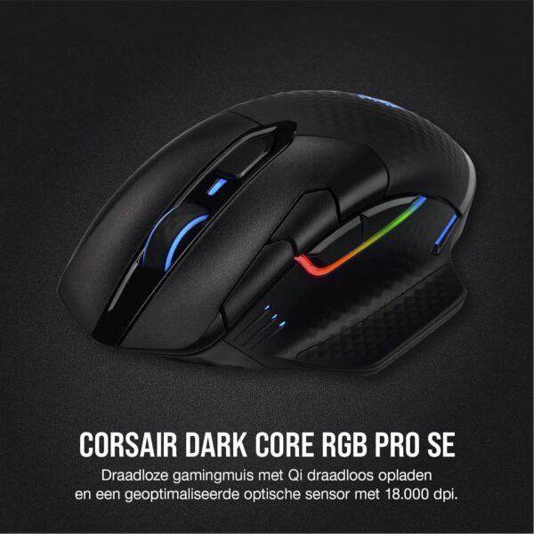 Corsair Dark Core RGB Pro SE Wireless/Wired Gaming Mouse with Qi Wireless Charging (18000 DPI Sensor, 8 Programmable Buttons, Dynamic iCUE RGB Lighting) Black