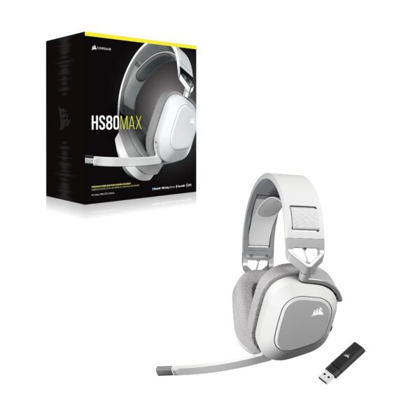 CORSAIR HS80 MAX WIRELESS Multiplatform Gaming Headset met Bluetooth – Dolby Atmos – Microfoon van Uitzendkwaliteit – iCUE Compatibel – PC, Mac, PS5, PS4, Mobiel – Wit