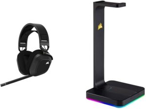 Corsair HS80 RGB WIRELESS Gamingheadset met Ruimtelijke Audio (Lage Latentie, Draadloze compatibiliteit met PS5 en PS4) Zwart & Corsair St100 RGB Premium-headsetstandaard met...