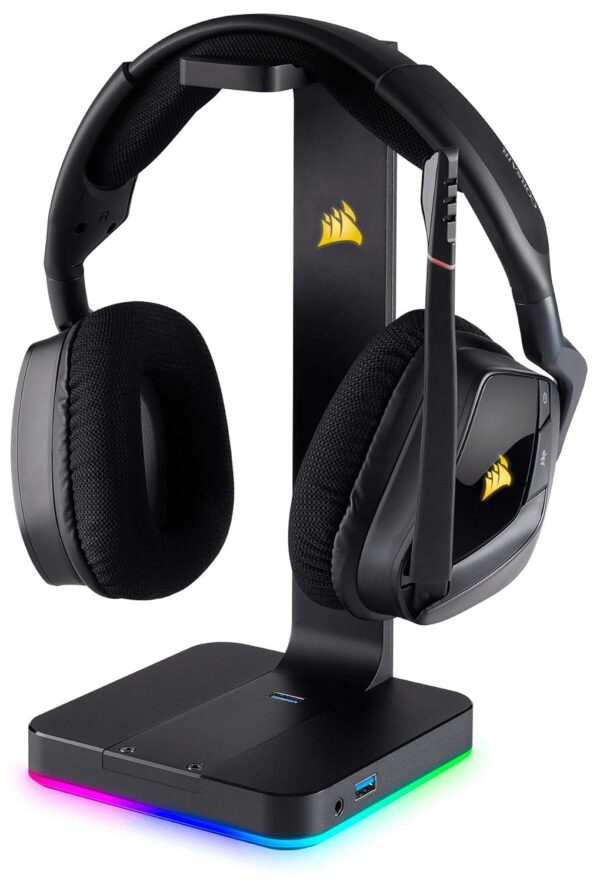 Corsair HS80 RGB WIRELESS Gamingheadset met Ruimtelijke Audio (Lage Latentie, Draadloze compatibiliteit met PS5 en PS4) Zwart & Corsair St100 RGB Premium-headsetstandaard met...