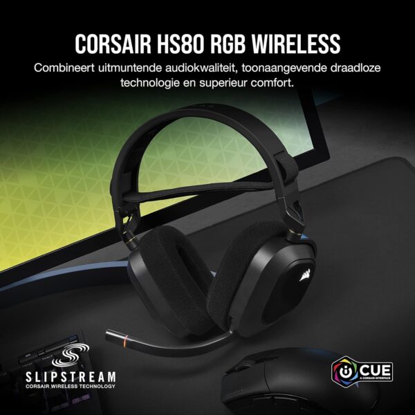 Corsair HS80 RGB WIRELESS Hoogwaardige Gamingheadset met Ruimtelijke Audio (Lage Latentie, Omnidirectionele Microfoon, Batterijduur van wel 20 uur, Draadloze compatibiliteit met...