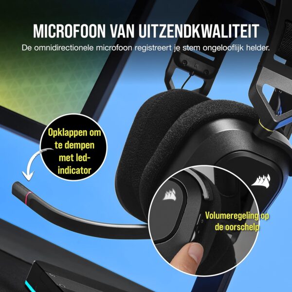Corsair HS80 RGB WIRELESS Hoogwaardige Gamingheadset met Ruimtelijke Audio (Lage Latentie, Omnidirectionele Microfoon, Batterijduur van wel 20 uur, Draadloze compatibiliteit met...