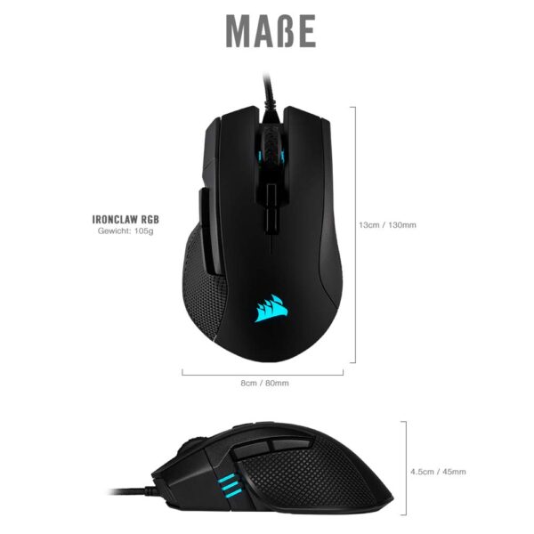 Corsair Ironclaw Rgb, Fps/Moba Gaming Mouse, Black, Backlit Rgb Led, 18000 Dpi, Optical