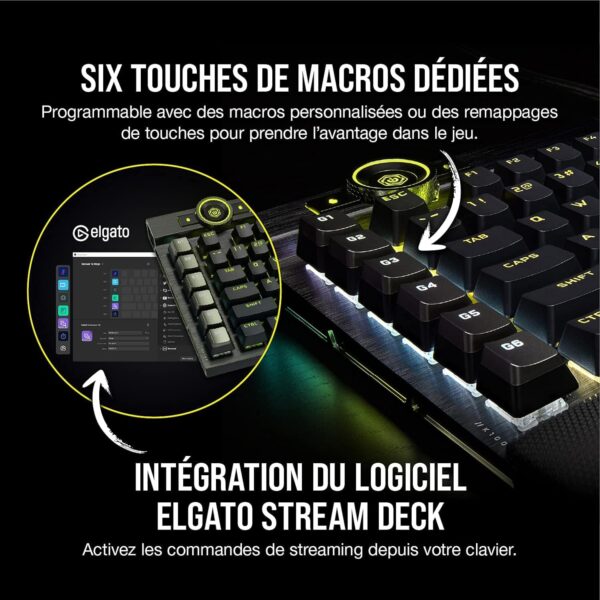 Corsair K100 RGB Gaming Keyboard (OPX Optical Mechanical Switches: Ultra-Fast and Linear, PBT Dual Injection Keys, Elgato Stream Deck Integration) AZERTY, Black