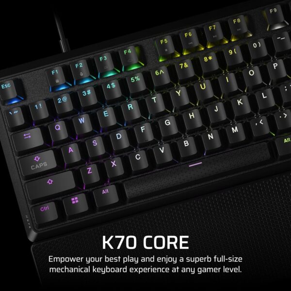 CORSAIR K70 CORE RGB Mechanical Wired Gaming Keyboard with Palm Rest – Pre-Lubricated MLX Red Linear Switches, SOCD, ABS Double-Shot Keycaps, Noise Reducing, QWERTY NA – Black