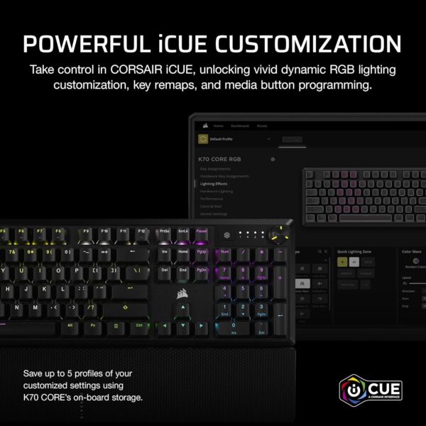 CORSAIR K70 CORE RGB Mechanical Wired Gaming Keyboard with Palm Rest – Pre-Lubricated MLX Red Linear Switches, SOCD, ABS Double-Shot Keycaps, Noise Reducing, QWERTY NA – Black