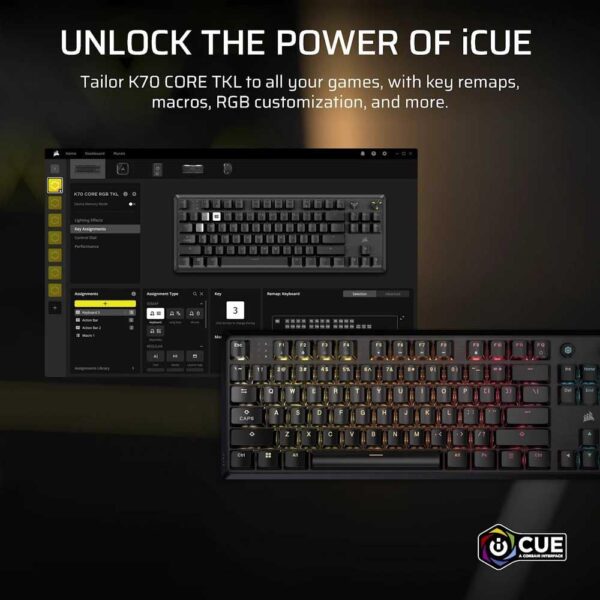 Corsair K70 Core TKL RGB Tenkeyless Mechanical Gaming Keyboard, MLX Red V2, Pre-Lubricated, Acoustic Cushioning, ABS Covers, QWERTY ES - Black