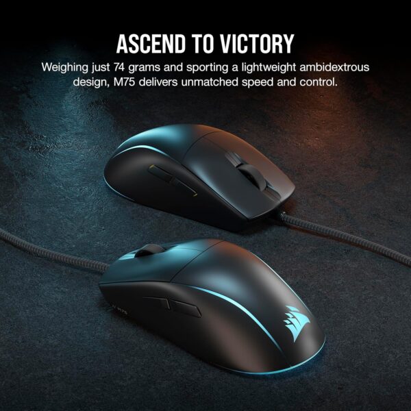 Corsair M75 Wired RGB Lightweight FPS Gaming Mouse - 26,000 DPI - Interchangeable Side Buttons - PC - Black