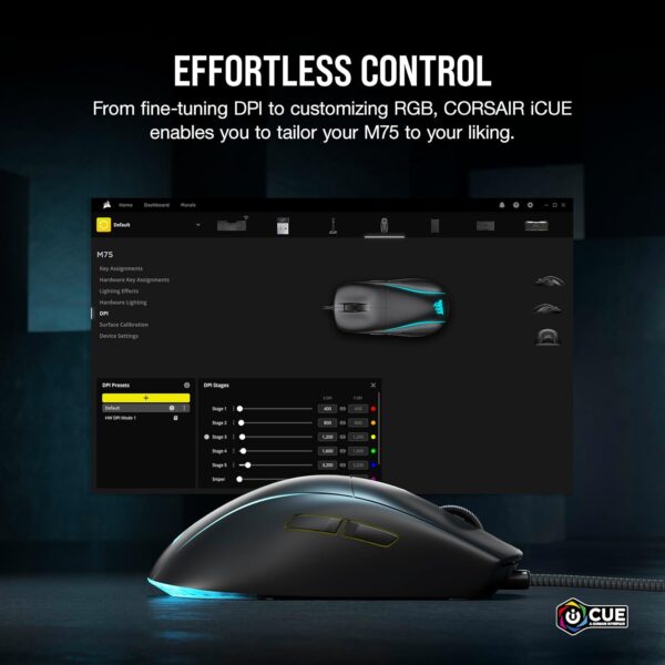 Corsair M75 Wired RGB Lightweight FPS Gaming Mouse - 26,000 DPI - Interchangeable Side Buttons - PC - Black