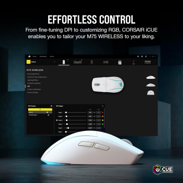 Corsair M75 Wireless RGB Lightweight FPS Gaming Mouse – 26,000 DPI – Interchangeable Side Buttons – iCUE Compatible – PC – White