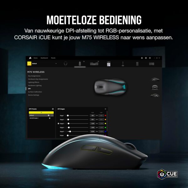 CORSAIR M75 WIRELESS RGB Lightweight FPS Gaming Mouse – 26,000 DPI – Interchangeable Side Buttons – iCUE Compatible – PC – Black