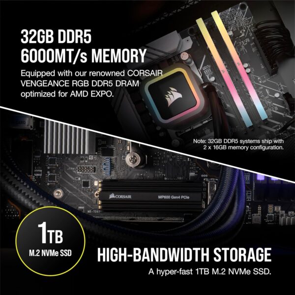 Corsair Vengeance A7400-serie gaming-pc - vloeistofgekoelde AMD Ryzen 7 9700X CPU - NVIDIA GeForce RTX 4070 Super GPU - 32 GB Vengeance RGB DDR5-geheugen - 1 TB M.2 SSD - Zwart