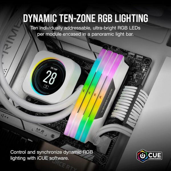 Corsair Vengeance RGB DDR5 32GB (2x16GB) 5200MHz C40 Intel-Optimized Desktop Storage (Ten Zone Dynamic RGB Lighting, Built-in Voltage Control, Custom XMP 3.0 Profiles) White