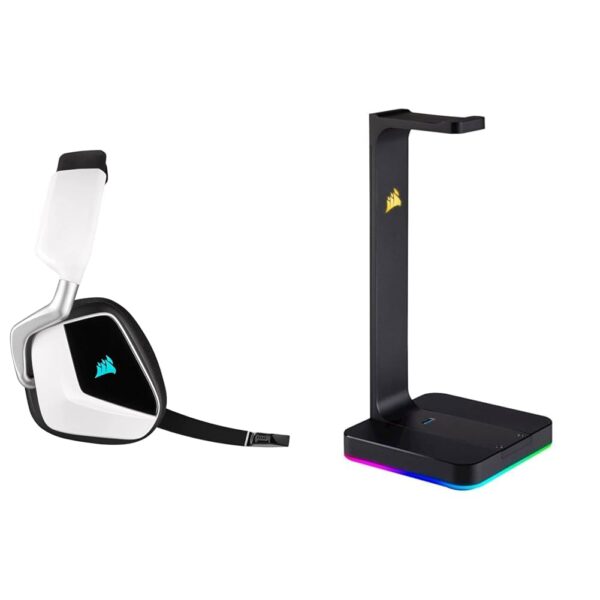 Corsair VOID ELITE draadloze gamingheadset (7.1 virtueel surroundgeluid, 2,4 GHz draadloos, met pc, PS4-compatibiliteit) - wit & Corsair St100 RGB Premium-headsetstandaard met...