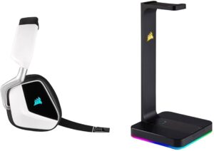 Corsair VOID ELITE draadloze gamingheadset (7.1 virtueel surroundgeluid, 2,4 GHz draadloos, met pc, PS4-compatibiliteit) - wit & Corsair St100 RGB Premium-headsetstandaard met...