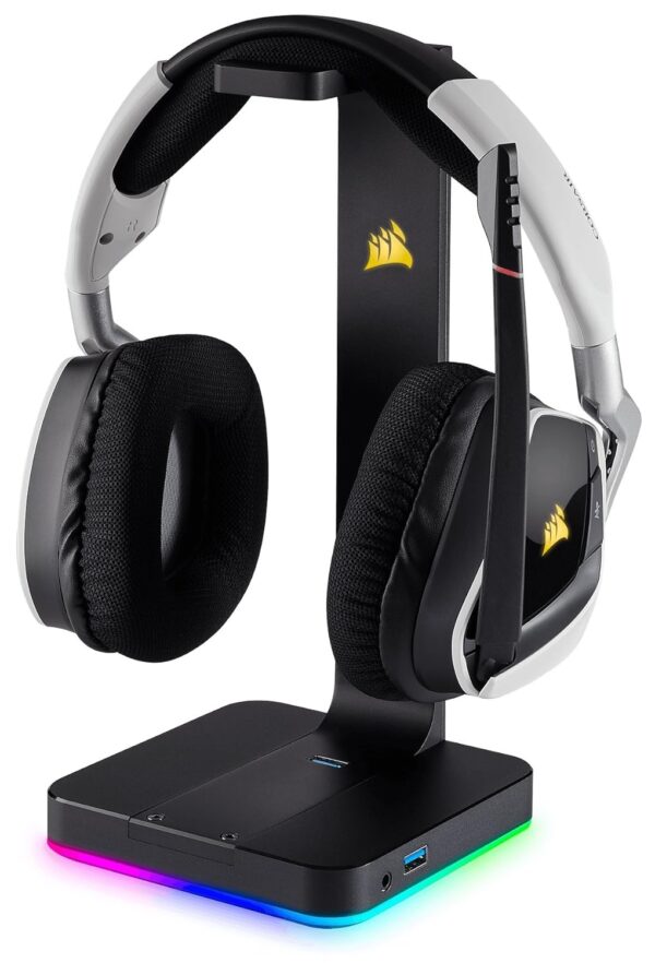 Corsair VOID ELITE draadloze gamingheadset (7.1 virtueel surroundgeluid, 2,4 GHz draadloos, met pc, PS4-compatibiliteit) - wit & Corsair St100 RGB Premium-headsetstandaard met...