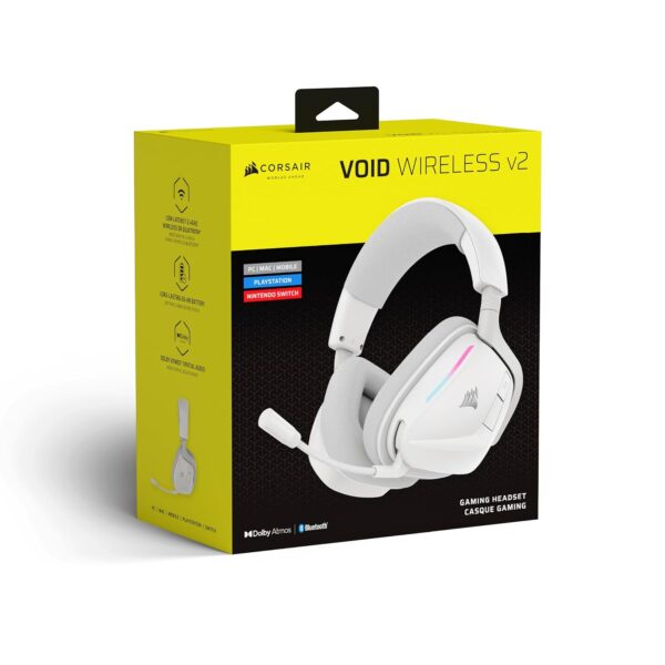 CORSAIR VOID v2 Draadloze Gaming Headset met Bluetooth voor PC, PS5, PS4, Switch & Mobiel – Dolby Atmos, 70 uur Batterijduur, Dubbele Draadloze, Snel Opladen – Wit