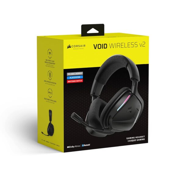 CORSAIR VOID v2 Draadloze Gaming Headset met Bluetooth voor PC, PS5, PS4, Switch & Mobiel – Dolby Atmos, 70 uur Batterijduur, Dubbele Draadloze, Snel Opladen – Koolstof