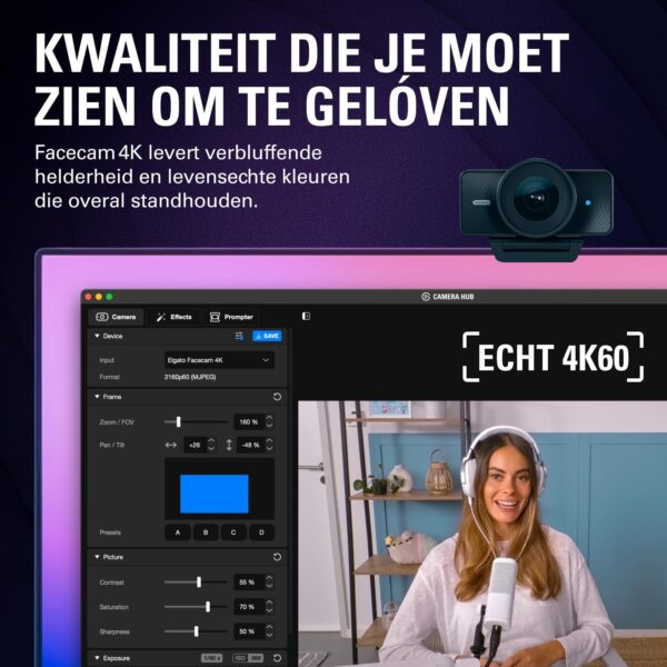 Elgato Facecam 4K – 4K60-studiowebcam, DSLR-achtige bediening, filmische effecten, 49 mm-objectieffilters, HDR, ongecomprimeerde video, geoptimaliseerd scherpstelgebied | USB-C...