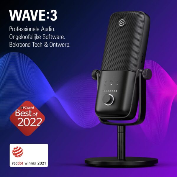 Elgato Wave:3 - Premium Studio Quality USB Condenser Microphone for Streaming, Podcasts, Gaming & Home Office, Free Mixer Software, Sound Effect Plugins, Plug & Play, for Mac, PC