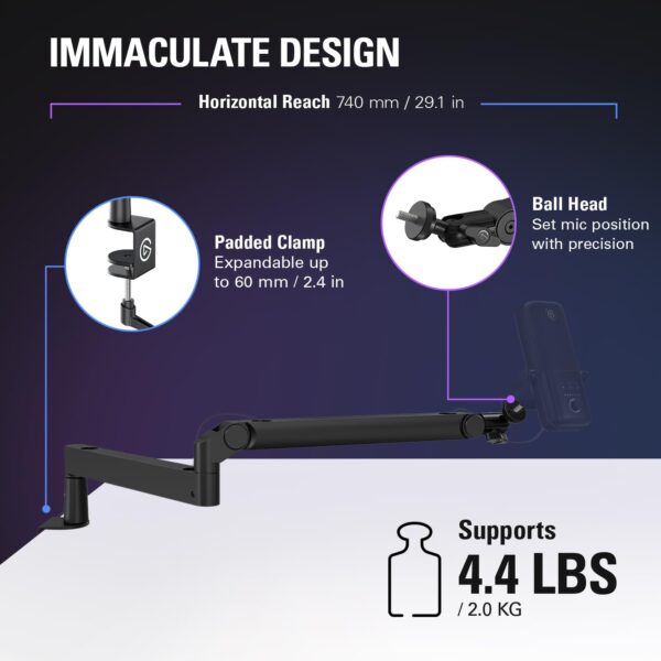 Elgato Wave Mic Arm LP, Premium Low Profile Microphone Arm and Cable Ducts, Desk Clamp, Versatile Attachment and Fully Adjustable, Perfect for Podcasts, Streaming, Gaming, Home...