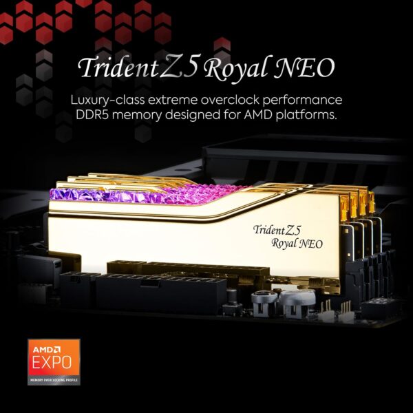 G.SKILL Trident Z5 Royal Neo Series (AMD Expo) DDR5 RAM 96GB (2X 48GB) 6000MT/s CL28-36-36-96 1.35V Desktop Computer Memory U-DIMM - Gold (F5-6000J2836F48GX2-TR5NG)