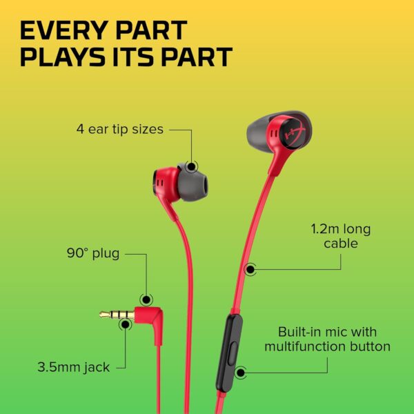 HyperX Cloud Earbuds II, bekabelde gaming-oordopjes, 14 mm driver, geïntegreerde microfoon, 4 oordopjes, 3,5mm-aansluiting, incl. harde etui, voor pc, console, mobiele...