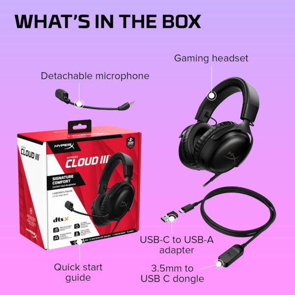 HYPERX Cloud III bekabelde gamingheadset PC PS5 Xbox-serie X|S schuine drivers van 53 mm DTS Memory Foam Stevig frame Ultraheldere microfoon van 10 mm USB-C USB-A 3,5 mm