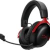 HyperX Cloud III S Draadloze gaming-headset, multiplatform, 2,4 GHz, bluetooth, batterijduur tot 120 uur, 2,4 GHz, 53 mm kanteldriver, 10 mm afneembare microfoon, zwart-rood