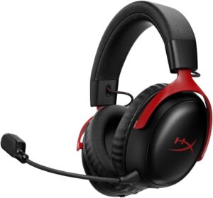 HyperX Cloud III S Draadloze gaming-headset, multiplatform, 2,4 GHz, bluetooth, batterijduur tot 120 uur, 2,4 GHz, 53 mm kanteldriver, 10 mm afneembare microfoon, zwart-rood