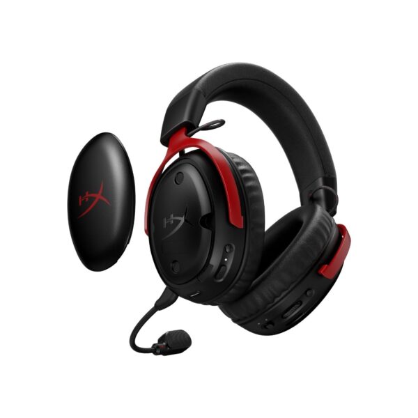HyperX Cloud III S Draadloze gaming-headset, multiplatform, 2,4 GHz, bluetooth, batterijduur tot 120 uur, 2,4 GHz, 53 mm kanteldriver, 10 mm afneembare microfoon, zwart-rood