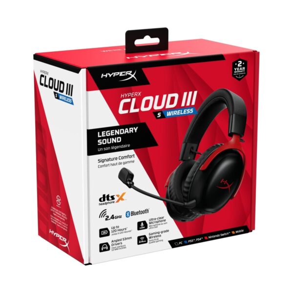 HyperX Cloud III S Draadloze gaming-headset, multiplatform, 2,4 GHz, bluetooth, batterijduur tot 120 uur, 2,4 GHz, 53 mm kanteldriver, 10 mm afneembare microfoon, zwart-rood