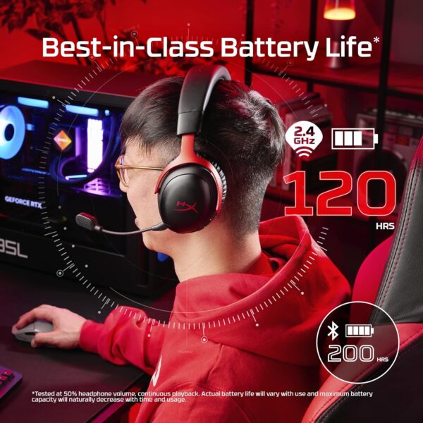 HyperX Cloud III S Draadloze gaming-headset, multiplatform, 2,4 GHz, bluetooth, batterijduur tot 120 uur, 2,4 GHz, 53 mm kanteldriver, 10 mm afneembare microfoon, zwart