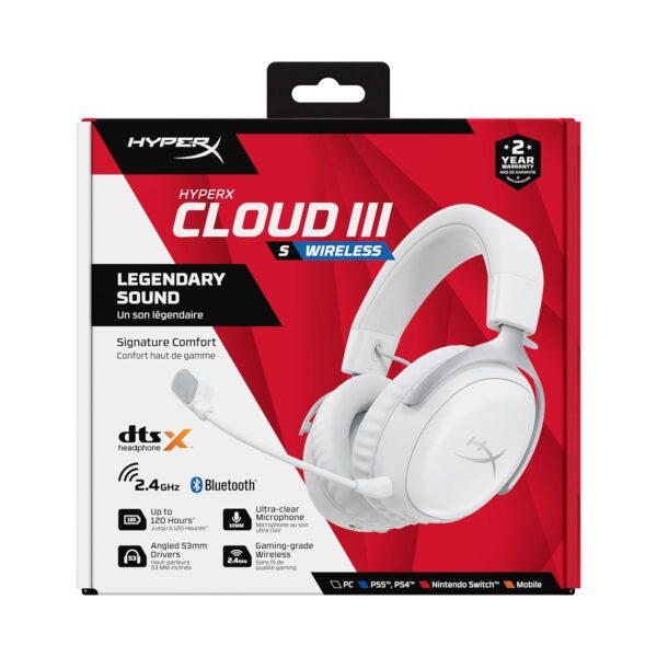 HyperX Cloud III S Draadloze gaming-hoofdtelefoon, Bluetooth, 2,4 GHz, PC, PS5, Xbox, Driver 53 mm, DTS, microfoon 10 mm, batterij tot 200 uur, wit