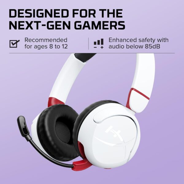 HyperX Cloud Mini Draadloze gaming-hoofdtelefoon voor kinderen, volume 85 dB, voor pc/switch/PS/Chromebook/Xbox/mobiele telefoon, wit