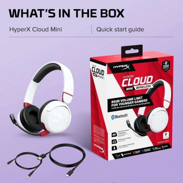 HyperX Cloud Mini Draadloze gaming-hoofdtelefoon voor kinderen, volume 85 dB, voor pc/switch/PS/Chromebook/Xbox/mobiele telefoon, wit