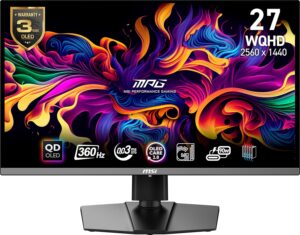 MSI MPG 271QRX QD-OLED, 27 OLED-gamingmonitor, 2560 x 1440 (QHD), OLED 0,03 ms Reactietijd, 360Hz, True Black HDR 400, HDMI, DP-poort, USB Type C, Tilt, Hoogte