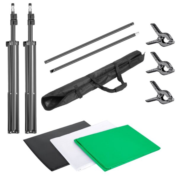 Neewer 2 x 2 m Background Support System with 1.8 x 2.8m Background Fabric (White/Black/Green) and 3 Pack Spring Clips for Photo Studio, Portrait, Product Video Photography