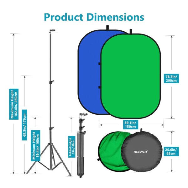 Neewer 5x7ft/1.5x2m Foldable Chromakey Background with 2.6m Support, Green, Blue, Green, Reversible, 2-in-1 for Studio, Photography, Live Streaming, Video Calling, Games
