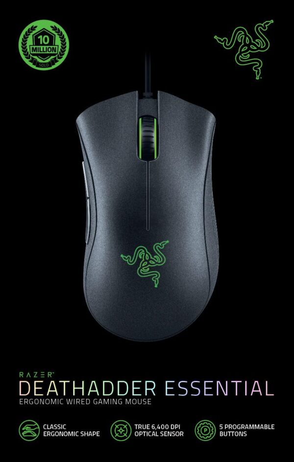 Razer DeathAdder Essential - 6400 DPI Gaming Mouse Optical Sensor (Ergonomic Form Factor, High Durability) Black