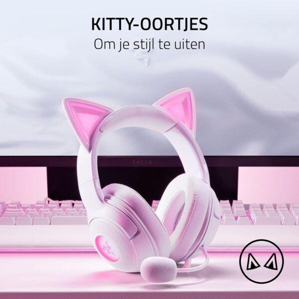 Razer Kraken Kitty V2 - Bedrade RGB Headset met Kitty-oortjes voor gamen en streamen (325 g, TriForce 40 mm Drivers, HyperClear Cardioid Mic, Surround Sound) Wit