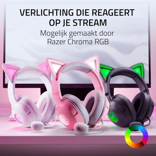 Razer Kraken Kitty V2 - Bedrade RGB Headset met Kitty-oortjes voor gamen en streamen (325 g, TriForce 40 mm Drivers, HyperClear Cardioid Mic, Surround Sound) Wit