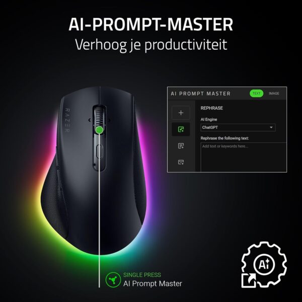 Razer Pro Click V2 - Wireless ergonomic mouse - AI Prompt Assist - 30K optical sensor - 3.5 months battery life (14 zones Chroma RGB, HyperScroll tilting mouse wheel) Black